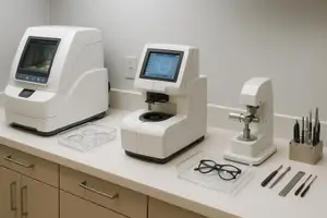A medical examination room has white countertops with various tools on them including a microscope, glasses, and a stapling machine.