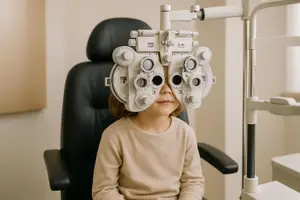 A child wearing a visual test machine on her head is sitting in a chair in a clinic.