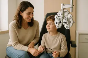 A woman and a young boy are sitting in a chair, the boy is looking into an eye test machine while the woman looks at him with a smile
