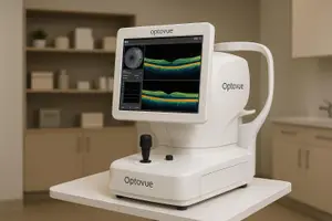 An Optovue device used for eye examinations in a medical setting.
