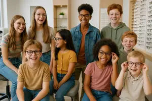 A group of children and young adults wearing glasses and smiling for a photo inside an optometrist's office.