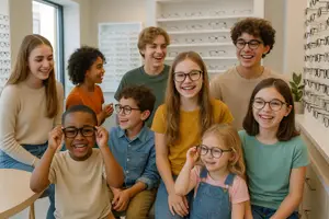 A group of children are smiling and posing for a photo in a room with shelves of eyeglasses in the background.