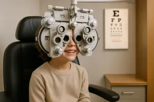 A young girl sitting in a black leather chair wearing an eye exam machine with a smiling face