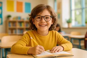 A young girl wearing glasses and smiling while sitting at a desk in a classroom writing in a book.