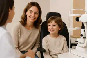 A woman and a child are sitting in a room with an optometrist examining the child's eyes.