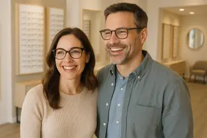 A man and woman are smiling in a room with wooden furniture and frames on the wall.