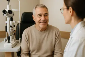 An elderly man in a medical setting, smiling at a woman who is looking at him, with an eye examination machine behind them.