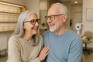 An elderly couple wearing glasses are smiling and looking at each other in an office