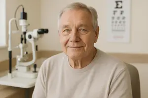 An older man with white hair is smiling and looking at the camera while sitting in front of an eye exam machine and a vision chart on the wall.