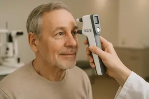 An older man has his eye examined with a tonometer by a healthcare professional