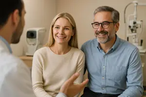 A man and a woman are smiling and talking to each other in an office room. The man is wearing eyeglasses, and the woman is wearing a beige sweater. Behind them, there is a desk with an eye examination machine and a cabinet. There is also a white machine on the wall, probably a monitor.