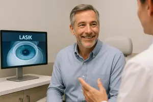 A smiling man is consulting with a doctor about LASIK surgery.