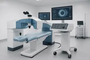 A medical examination room equipped with a blue and white diagnostic device, a monitor displaying an eye image, and a wheeled cart in the background.