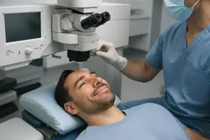 A man is getting an eye exam from a doctor in a blue coat and mask.