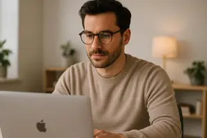 A man wearing glasses and a beige sweater working on a laptop in a well-lit room