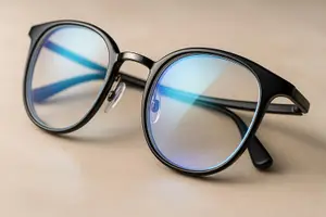 Close-up of black-framed glasses with blue-tinted lenses on a beige surface