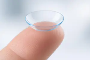 A close up of a fingertip with a contact lens on it.