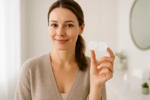 Woman holding a container with white contact lenses