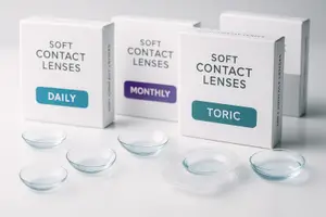 A close up of three boxes of soft contact lenses with some lenses in cases around them