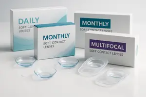 Three boxes of contact lenses on a white surface