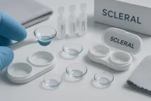 A person wearing blue gloves is handling a set of Scleral contact lenses with storage cases and a cleaning cloth on a white surface.