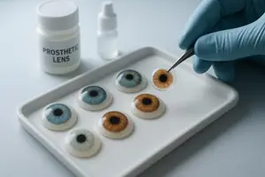 An eye doctor using tweezers to hold a prosthetic eye lens