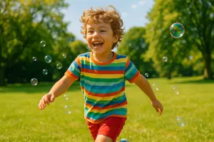 A young boy is running in a park with colorful bubbles floating around him.