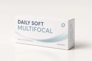 A white box of Daily Soft Multifocal daily disposable contact lenses displayed on a white background.
