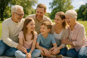 A family of four is sitting on a blanket in a park with a smiling elderly couple, a woman, and two children, all looking at the camera with a happy expression.