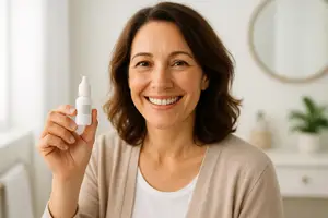 A woman holds a small white bottle and smiles in a bathroom.
