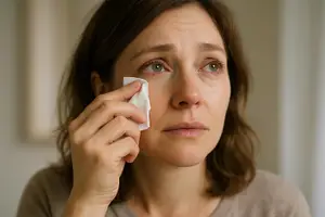 A woman is cleaning her eye with a tissue