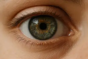 A close-up view of a person's eye with long eyelashes and a slightly open mouth.