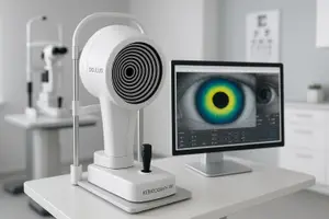 An optical device, the Oculus Keratograph SM, is displayed on a white desk with a computer monitor showing an eye image.