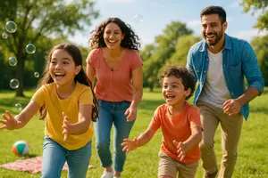 A family of four playing in the park with bubbles and a ball, smiling and looking joyful.