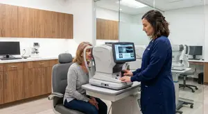A woman sitting in a chair has her eyes checked by a woman wearing a blue coat using a machine
