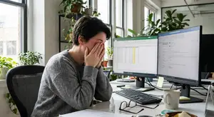 A woman sitting at a desk with computer monitors in front of her, looking stressed out