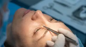 A woman undergoing an eye procedure with a medical professional using tweezers