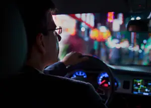 Man wearing glasses driving a car in a city at night