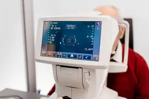 An older man is undergoing an eye examination using a medical device with a screen displaying numbers and letters, he is wearing a red shirt and has a white headpiece on his head.
