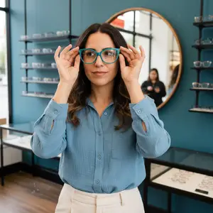 A woman wearing a pair of glasses stands in front of a store that sells glasses