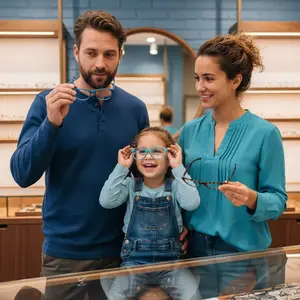 A family is standing in front of a display case of eyeglasses, smiling and holding glasses in their hands.