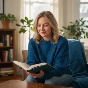 A woman sitting on a chair and reading a book