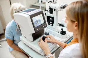 An adult female optometrist is examining the eye of an elderly female patient with a retinal camera in a medical clinic