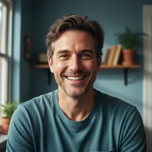 man in blue shirt smiling at camera