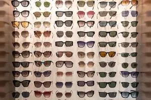 A collection of sunglasses with various colors and styles displayed on a white background