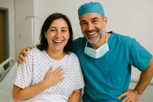 A smiling woman in a hospital bed with a smiling male doctor standing behind her.