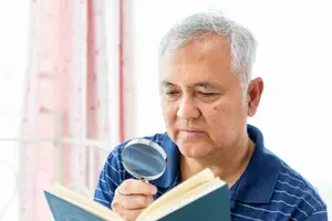 An older man is using a magnifying glass to read a book