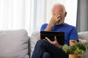 An elderly man sitting on a couch holding a tablet and covering his face with his hand