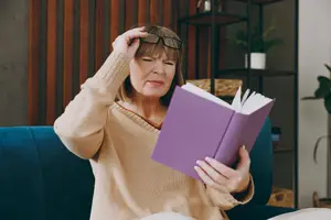 A woman sitting on a couch is holding a book and seems to be frustrated, while holding her head with her left hand and wearing glasses.