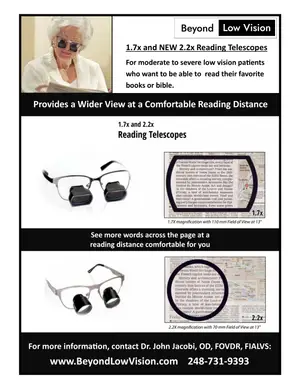 Advertisement for Beyond Low Vision Reading Telescopes, featuring an elderly woman using reading glasses to read a book, with a focus on the comfort and wider view provided by the 1.7x and 2.2x magnification options.
